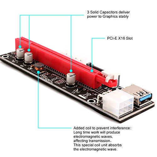 Ubit Multi-Interface PCI-E Riser with Led Notice Function Express Cable 1X to 16X Graphics Extension Ethereum ETH Mining Powered Riser Adapter Card+60cm USB 3.0 Cable