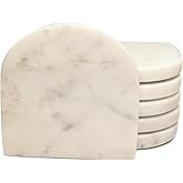 Perilla Home Handcrafted Marble Coasters Set of 6 – U Shape Coasters for Kitchen, Wine Glasses, Mugs & Beer – Absorbent, Durable, and Stylish Drink Coaster Plates (White)