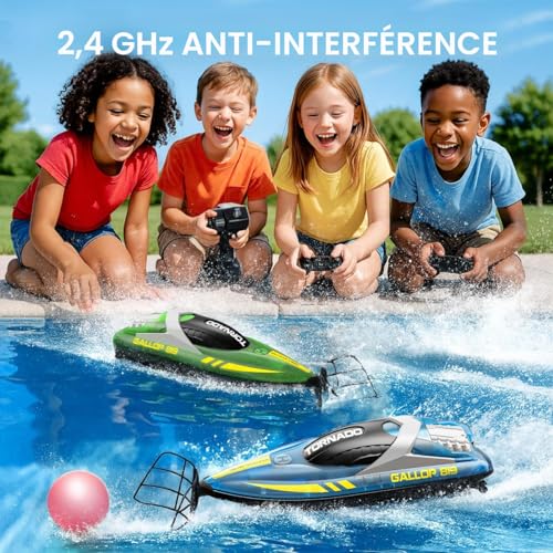 RC Fast RC Boat - 2.4GHz Waterproof Dual RC Boat Set with LED Double Propeller, Automatic Flip 2 Speed, 4 Batteries, for Kids Adults, Swimming Pool and Lake
