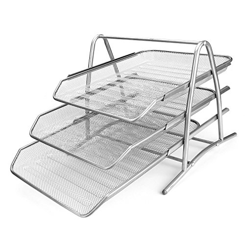 3-Tier Steel Mesh Office Desk Tray, (11 5/8"W x 13 3/4"D x 10 5/8"H) Filing Trays Holder (Silver)