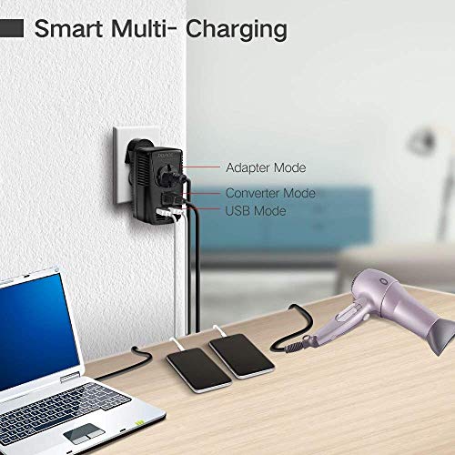 DOACE 2000W Travel Voltage Converter Hair Dryer, Hair Straightener, Flat Iron, 220V to 110V Transformer, Universal Adapter 4-Port USB UK/AU/EU Wall Charger Cell Phone Camera Laptop