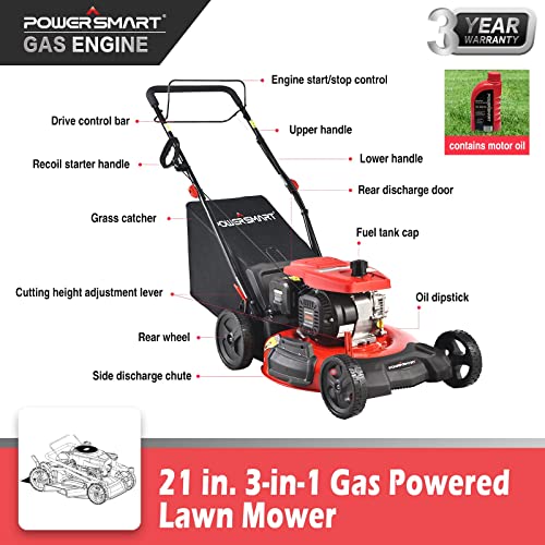 PowerSmart Self Propelled Lawn Mower Gas Powered, 21 Inch, 3in1 Mower with Bag, 4Stroke 209cc