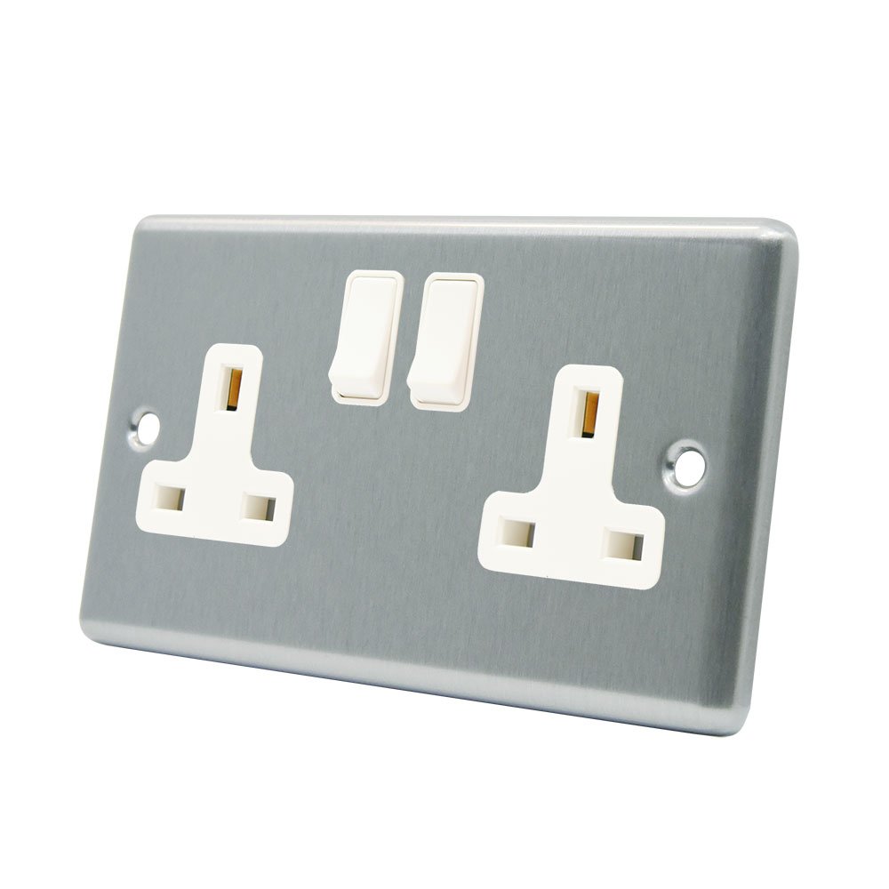 AET CSC2GSOCWH 13 A 2-Gang Satin Finish Chrome Classical Double Plug Socket with White Insert Plastic Rocker Switch