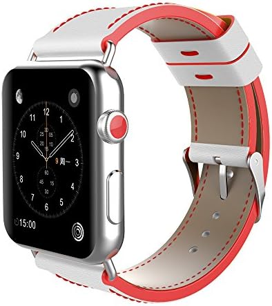 Vitech Apple Watch Band 42mm Genuine Leather iwatch Strap Replacement Band with Stainless Metal Clasp for Apple Watch Series 3 Series 2 Series 1 Sport and Edition (42mm White-Red)