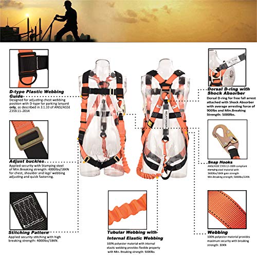WELKFORDER 1D-Ring Industrial Fall Protection Safety Harness with 6-Foot Shock Absorber Stretchable Lanyard [Snap Hook End] | Permanent attached Kit | ANSI Complaint Personal Fall Arrest System(PFAS) - Thumbnail 2