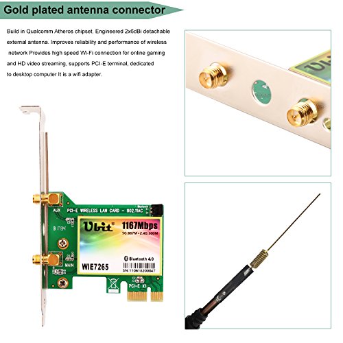 Wireless Network Card, Ubit Wireless WiFi Dual Band Gigabit Adapter, 867Mbps 2.4Ghz-300Mbps/5Ghz-867Mbps with High-gain Antenna Bluetooth 4.0 PCI-E Wireless WiFi Network Adapter - Thumbnail 3