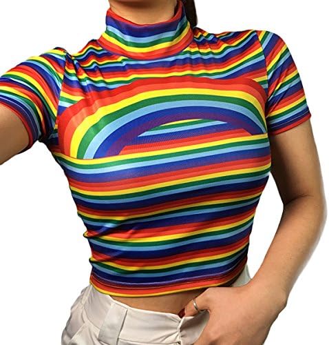 ZMLIA Womens Cute Rainbow Short Sleeve Crop Top Turtle Neck Striped T-Shirt Tee Tops
