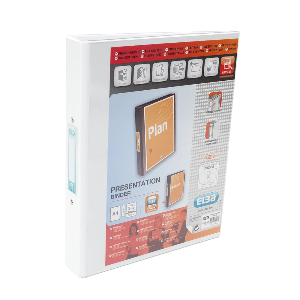 Elba A4 2 O-Ring Binder, 25mm capacity, 30mm spine, Presentation Folder with Customisable Cover, Portrait, White (Single)