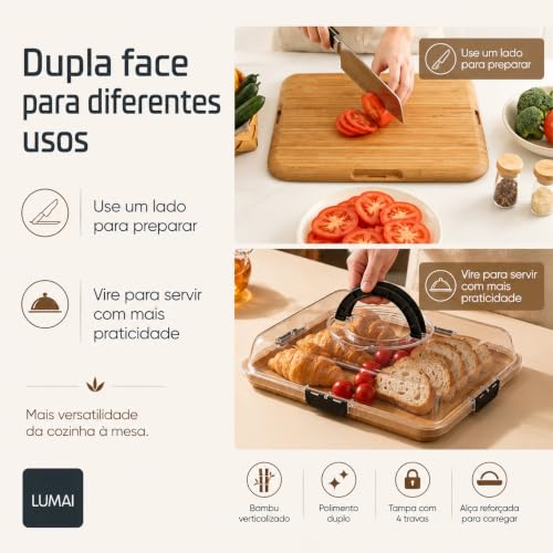 LUMAI Bandeja de Frios Paris com Tampa Acrílica, 4 Travas e Alça | Dupla Face Polida Impermeabilizada, Charcutaria, Queijos, Frios, Frutas, Servir, Carregar, Piquenique