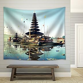 Bali Pura Ulun Danu Bratan Water Temple Decorated for The Ceremony - Fabric Wall Tapestry Home Decor - 51x60 inches