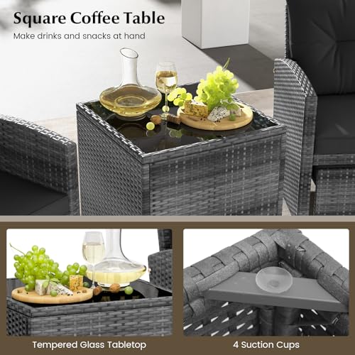 Tangkula 5 Piece Patio Rattan Furniture, Wicker Cushioned Chairs Set with 2 Ottomans & Tempered Glass Coffee Table, for Poolside, Backyard, Lawn, Deck