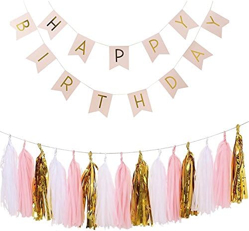 HAPPY BIRTHDAY Banner, HotPar Birthday Bunting Banner Stylish Decorations with Tassels Garland 15 Pcs for Party Decoration (Pink - White)