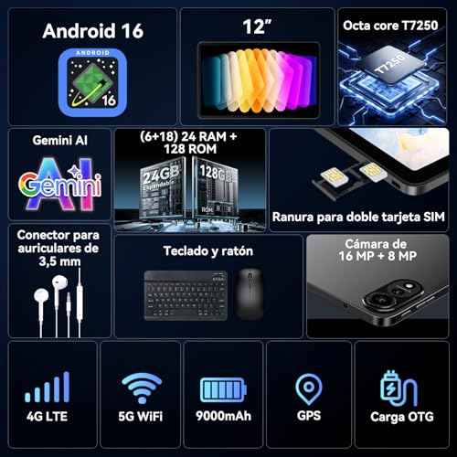 12 Inch Tablet with Keyboard, Android 16 Tablet, 4G LTE+5G WiFi 120Hz 24GB RAM+128GB ROM, Octa-Core Tablets with Pencil,Mouse,9000mAh/Gemini AI/WideVine L1/GPS/1200*2000/Face ID,4 Years Warranty