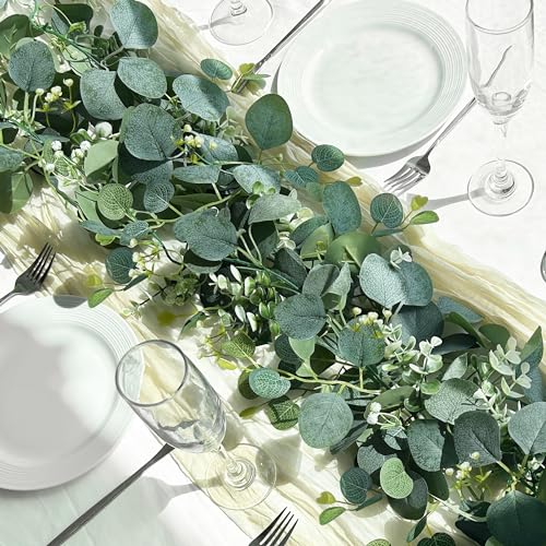 ROLLWAY Pack of 2 Eucalyptus Garland, Artificial Garland Plant, 1.8 m, Hanging Green Leaves, Decoration with White Flowers, Silver Dollar, Eucalyptus Vine, for Background, Wedding, Arch, Grey Green