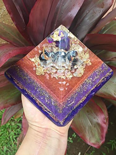 Wailele Cascade EXTRA LARGE Orgone Pyramid with Sugilite, Black Quartz Cluster, Rhodochrosite and Gold Leaf