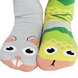 Snake & Mouse Backyard Woodland Creature Pals Mismatched Frenemy Socks for Kids Boys Girls with Nonskid No Slip Grips (Age 4-8)