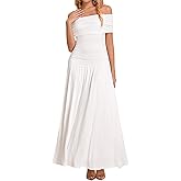 URYIAO Off The Shoulder Maxi Dress for Women Summer Ruched Bodycon Pleated Flowy Formal Wedding Guest Long Dresses