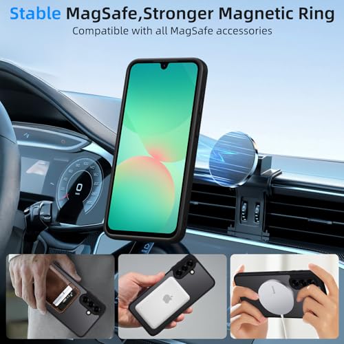 Coiwxmoi Cover for Samsung Galaxy A26 5G Compatible with MagSafe with 2 Pieces Tempered Glass, Opaque Translucent Magnetic Case, [Shockproof Military Grade] Frosted Back Cases, Black
