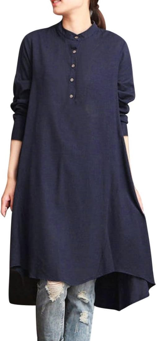 Pingtr Kaftan Cotton Linen Dress for Women Summer, Women Summer Loose Dress Vintage Loose Boho Chic A Line Swing Maxi Dresses Long Sleeve Asymmetric Empire Sundress Beach Party Dress