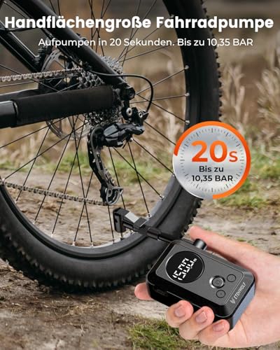 ETENWOLF Elektrische Fahrradpumpe,10,34 BAR Tragbare Reifenpumpe mit Presta und Schrader Ventil für Mountainbike,Rennrad,Motorrad,Ball,Schnellbefüllung&Auto-Stopp Luftpumpe mit Manometer