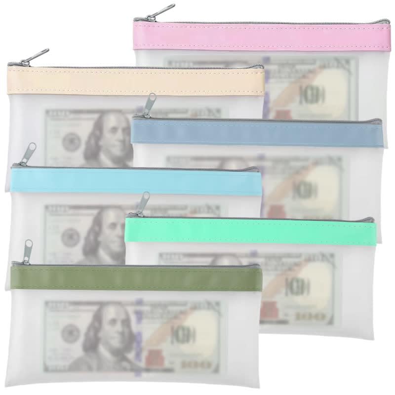 6 Clear Money Pouch Wallets with Zipper, Matte Finish, Waterproof, Multi-Purpose Cash Envelopes - 21.5 * 10.5 cm