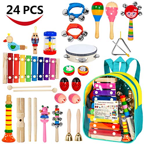 AILUKI Toddler Musical Instruments,24PCS 17 Types Wooden Percussion Instruments Tambourine Xylophone for Kids Preschool Education,Early Learning Musical Toy for Boys and Girls with Storage Backpack