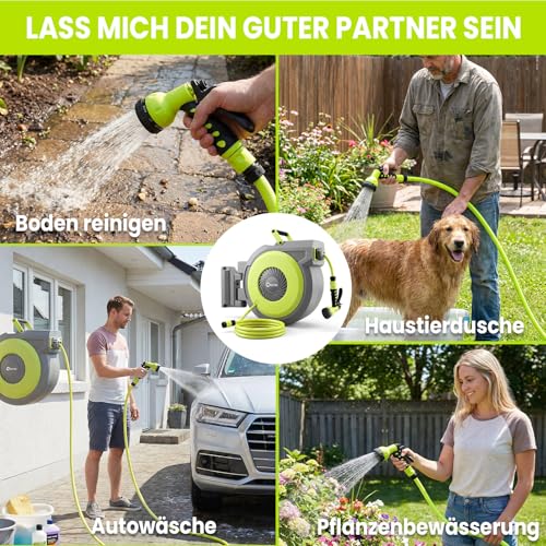 Bietor Hose Reel 40 m + 2 m, Garden Hose Drum with 180° Swivelling, Wall Hose Box with 9 Functions, Garden Shower, Automatic Retraction System and Locking in Any Length for Garden