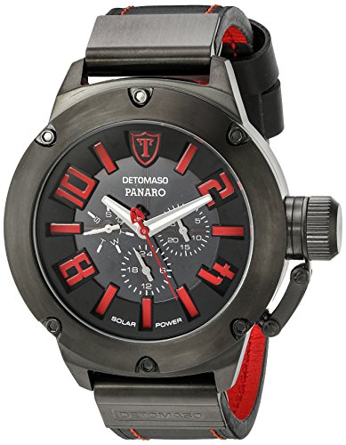 DETOMASO PANARO Men's Watch XXL Solar Watch Analog Quartz Black Leather Strap Red Black Dial DT1054-B