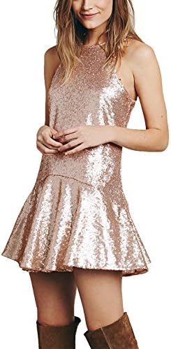Avoir Aime Women's Sequin Halter Drop-Waist Mini Party Dress (Large, Gold)