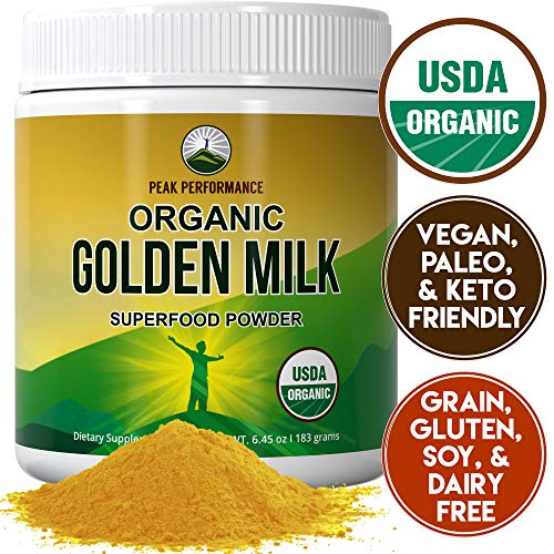 Organic Golden Milk Powder - Best Tasting Gold Milk Tea Latte Superfood Powder by Peak Performance. Keto, Paleo, Vegan with Turmeric, Ashwagandha and 10 Immune Boosting Organic Ingredients Supplement