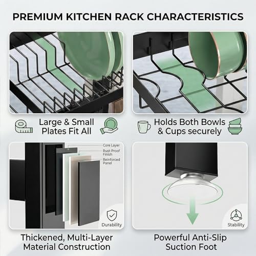 Gabeeriso Over Sink Dish Drying Stand Kitchen Organiser | 2-Tier Expandable Stainless Steel Dish Rack Adjustable 66-85cm with Drainage Tray Delivers Large Countertop Storage Capacity