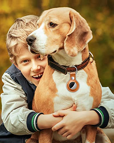 PUiKUS Protective Case for AirTag, 4-Pack Genuine Leather Tracker Holder with Key Chain, Easy Carry AirTag Cover for Keys, Backpacks, Liner Bags, Pet Collar