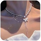 Yheakne Vintage Layered Crystal Butterfly Choker Necklace Silver Pearl Butterfly Y Drop Necklace Cz Butterfly Tassel Chain Necklace Long Chain Y Lariat Necklace Jewelry for Women