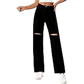 LBDLONGBIDA Women's High Waisted Ripped Wide Leg Jeans Stretchy Baggy Straight Distressed Denim Pants