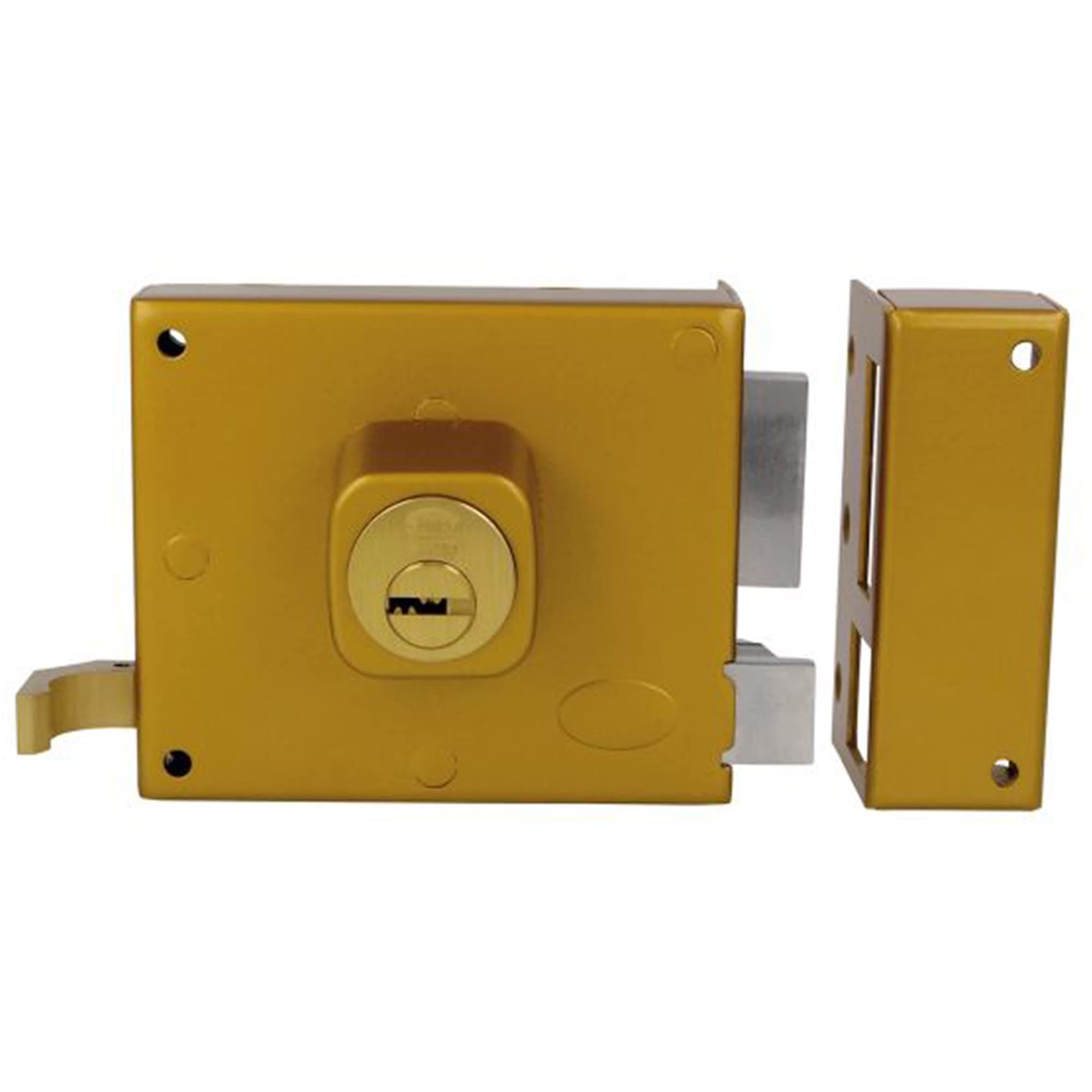 Amig - Right Overlap Lock with Locking Lever, Tab and Handle for Wooden Doors Mod. 72 | 100 x 85 mm | Latch with Round Cylinder | Enamelled Steel Gold