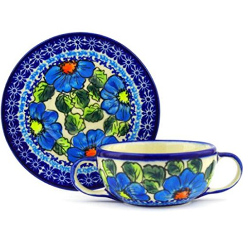 Click Here to See More Images Ceramika Bona H6724F Polish Pottery Ceramic Bouillon Cup with Saucer Hand Painted, 13-Ounce