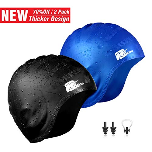 Wigoo Long Hair Swim Cap 2 Pack, 2019 Thicker Design, Waterproof Silicone Swimming Cap for Adult Woman and Men(Black+Blue)
