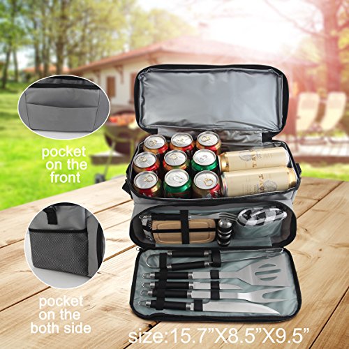 Grilljoy BBQ Tool set with 15 can Gray Insulated Cooler Bag - Stainless Steel Barbecue Grilling Utensils, Premium Grilling Accessories for Family Barbecue Outdoor Camping - Prefect Birthday Gift