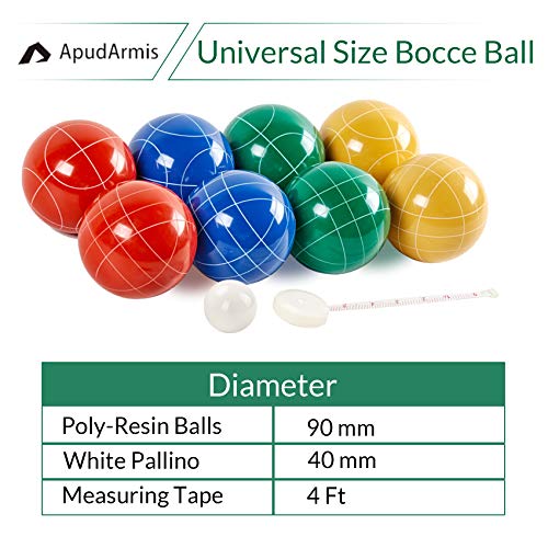 ApudArmis Bocce Balls Set, Outdoor Family Bocce Game for Backyard/Lawn/Beach - Set of 8 Poly-Resin Balls & 1 Pallino & Nylon Carrying Case & Measuring Rope (90mm)