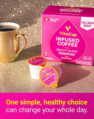 VitaCup Beauty Collagen Coffee Pods for Hair, Skin & Nails, with Biotin & Folate, Medium Dark Roast, Keto Friendly, Recyclable Single Serve Pod Compatible with Keurig K-Cup Brewers,16 Ct