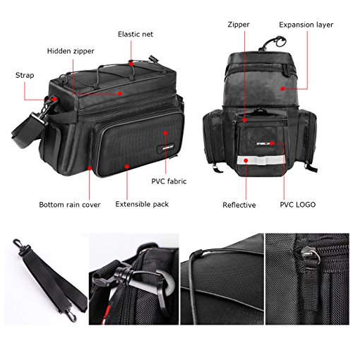 W WHEEL UP Bike Bag Bicycle Rear Seat Adjustable Hooks Reflective Trim and Large Pockets 12-26L Bicycle Trunk Bag with Rain Cover Shoulder Strap Bike Pannier for Road Bikes Mountain