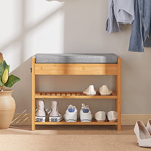SoBuy Shoe Rack Bamboo Shoe Bench with Seat Cushion, 2-Tier Wooden Shoe Cabinet Organizer with Storage Drawer and Lift Up Top for Hallway and Bedroom, Natural, 55x30x46cm, FSR49-N