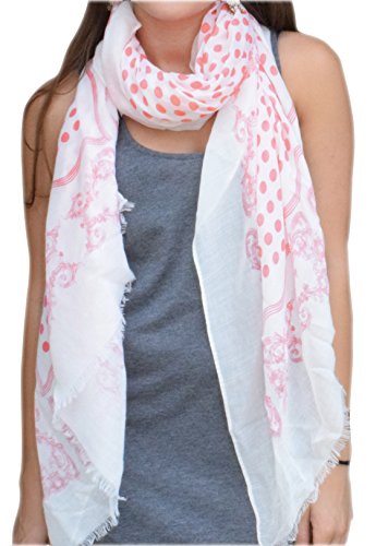 Peach Couture Polka Dot Paisley Bordered Eyelash Fringe All Season Scarf Coral