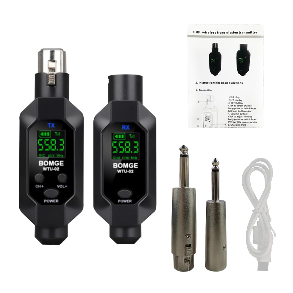 Photo 1 of BOMGE Wireless XLR Transmitter and Receiver, UHF XLR Adapter System for Dynamic Microphone Guitar, 48k Sampling Frequency, USB Recharge Capable,100 Feet Range (1 x Receiver+1 x transmitter)