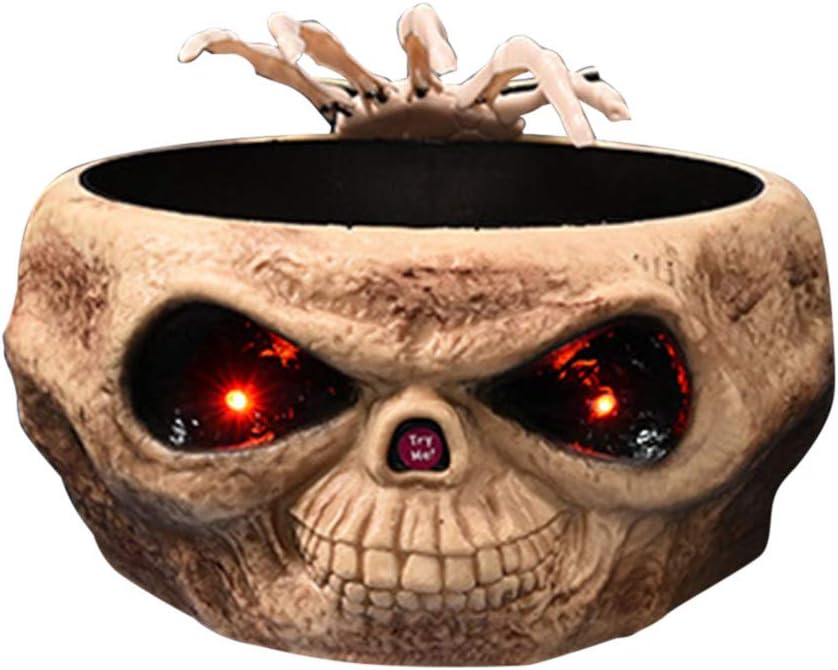 Unionm Halloween Electric Induction Stretching Claw Fruit Dish Candy Bowl - with Moving Skeleton Hand, Light Up Eyes, Monster Sound Effects - Frighten Your Friends and Children (Khaki)