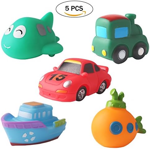 Baby Bath Toys Water Spray Pool Tub Squashy Cartoon Vehicle Sounding Toy Including Car Boat Train Submarine and Plane by ZCGC