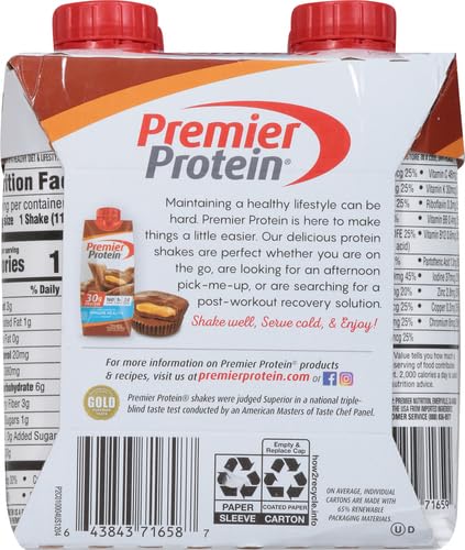 PREMIER PROTEIN SHAKE, CHOCOLATE PEANUT BUTTER, 30G PROTEIN, NO ADDED SUGAR, 24 VITAMINS & MINERALS TO SUPPORT IMMUNE HEALTH, 11 FL OZ, 4 PACK (PACKAGING MAY VARY)