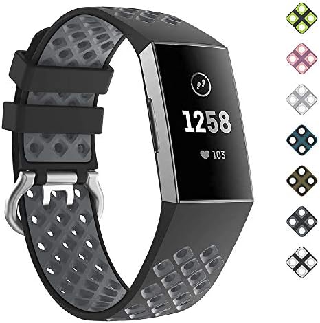 DEKER Sport Bands Compatible for Fitbit Charge 3 Bands Charge 3 SE Fitness Tracker Women Men, Breathable Holes Silicone Smart Watch Strap Small Large Accessories Wristbands (Black&Gray, Small)
