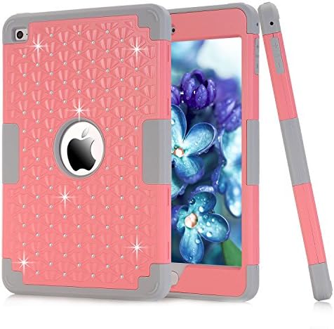 iPad Mini 4 Case, MS Jumpper [Heavy Duty] 3in1 Hybrid Shockproof &Drop Resistance Anti-slip Hard PC&Soft Silicone Rhinestone Cover For iPad Mini 4 (Pink Grey)
