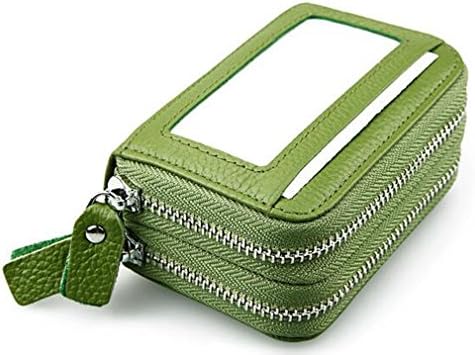 JZLGBH RFID Blocking Genuine Leather Two Zipper Design Cards Wallet Coin Purse - With ID Window (Green)